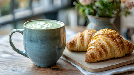A creamy, frothy matcha latte in a modern ceramic mug, paired with a fresh croissant on a wooden breakfast tableの素材