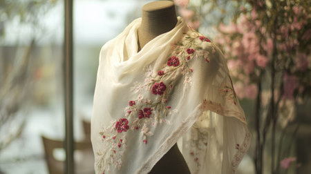 A delicate shawl with floral embroidery styled on a mannequin in a high-fashion settingの素材