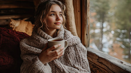 A cozy knit shawl styled over a model's shoulders, holding a cup of hot tea in a cabinの素材