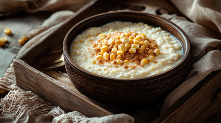 A bowl of creamy milk corn porridge topped with golden corn kernels, placed on a wooden tray with a cloth napkinの素材