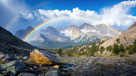 A brilliant rainbow arcs above rocky mountain peaks under a sky clearing after rainの素材