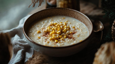 A creamy bowl of milk corn porridge topped with sweet corn kernels, ready to serve on a cozy kitchen tableの素材