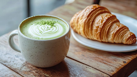 A creamy, frothy matcha latte in a modern ceramic mug, paired with a fresh croissant on a wooden breakfast tableの素材