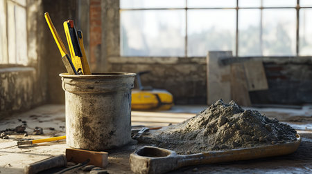 A freshly mixed batch of cement in a container, with tools placed nearby for an active construction projectの素材