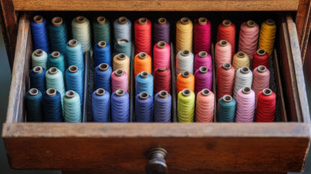 A drawer filled with neatly arranged spools of threads in a rainbow of colorsの素材