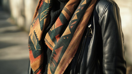 A modern shawl with geometric patterns styled casually over a trendy leather jacketの素材