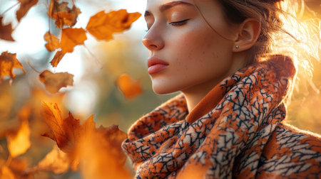 A model wearing a patterned scarf on a brisk autumn day, leaves falling in the backgroundの素材