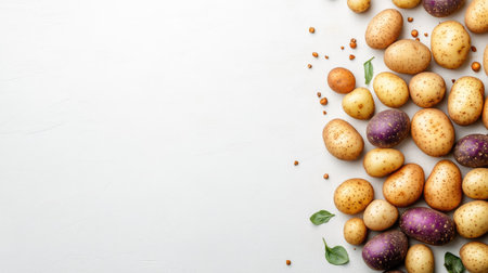A mix of small and large organic potatoes scattered on a white background, creating a natural, fresh lookの素材