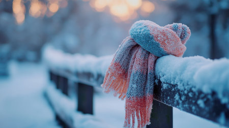 A knitted scarf resting on a snowy fence, blending with the frost-covered surroundingsの素材