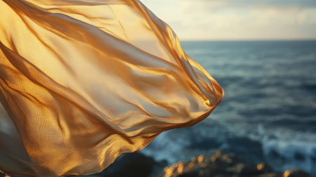 A lightweight silk shawl flowing in the breeze, captured against a coastal backgroundの素材