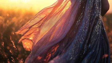 A flowing shawl with subtle metallic accents showcased against a sunset-lit landscapeの素材