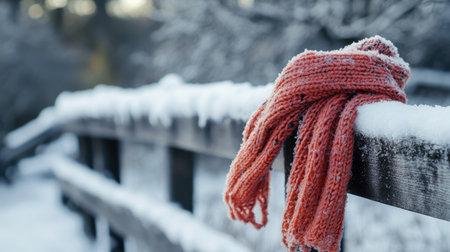 A knitted scarf resting on a snowy fence, blending with the frost-covered surroundingsの素材