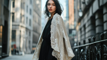 A model wearing an elegant shawl over a little black dress, standing in a chic urban settingの素材