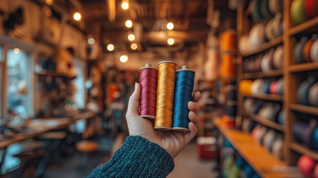 A hand holding spools of threads against a background of a bustling sewing studioの素材