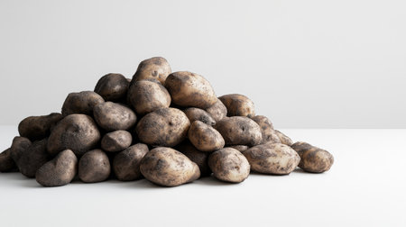A pile of freshly washed organic potatoes with earthy textures and rich tones, isolated on a clean white backgroundの素材