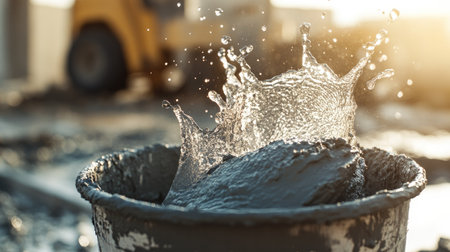 A partially mixed batch of cement and water in a bucket, with a splash of water glistening in the sunlightの素材