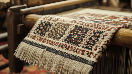 A handwoven shawl with intricate ethnic patterns displayed on a traditional loomの素材