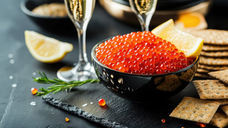A gourmet spread with a bowl of red caviar, champagne glasses, and a slate serving board with crackers and lemon wedgesの素材