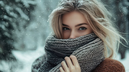 A model wearing a chunky wool scarf in a snowy forest, exhaling warm breath into the frosty airの素材