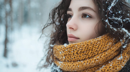 A model wearing a chunky wool scarf in a snowy forest, exhaling warm breath into the frosty airの素材