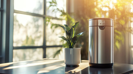 A modern water cooler placed near a window with sunlight streaming in, highlighting its designの素材