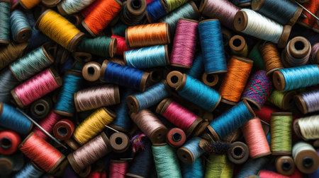 A scattered pile of colorful spools of threads with needles and pins resting among themの素材
