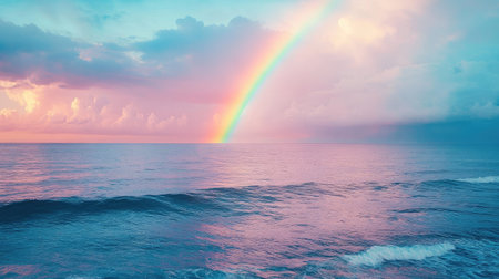 A serene ocean view with a stunning rainbow emerging from the water, glowing against the backdrop of a soft, pink-tinged skyの素材