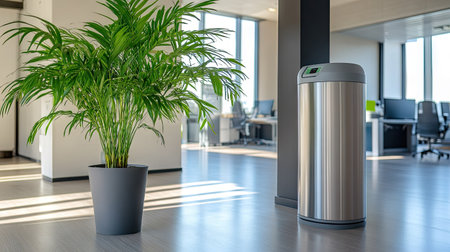 A sleek modern water cooler in a minimalist office environment, placed next to a potted plantの素材
