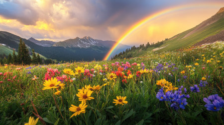 A stunning rainbow illuminates a meadow of blooming flowers nestled in the mountainsの素材