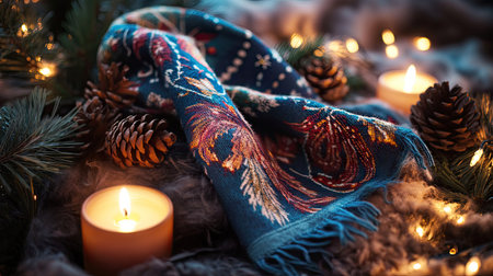 A scarf with festive designs displayed alongside pine cones, candles, and fairy lightsの素材