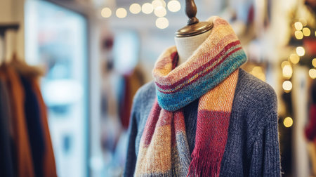 A striped wool scarf styled on a mannequin in a bright studio with winter-themed dcorの素材