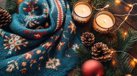A scarf with festive designs displayed alongside pine cones, candles, and fairy lightsの素材