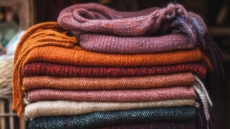 A stack of scarves in warm autumn colors displayed on a rustic market tableの素材