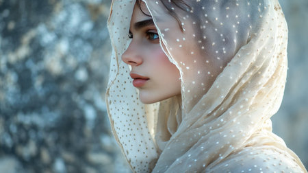 A sheer shawl with subtle polka dots styled as a headscarf for a vintage-inspired lookの素材