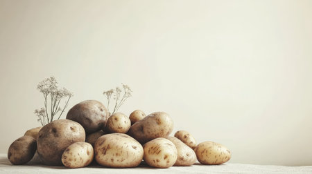 A rustic arrangement of washed organic potatoes in varying sizes, isolated cleanly against a white backgroundの素材