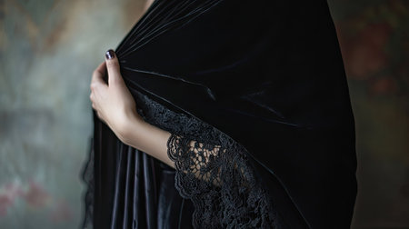 A sophisticated black shawl with lace detailing draped over a velvet evening gownの素材