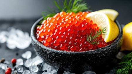 Bowl of red caviar placed on crushed ice, with lemon wedges and dill sprigs for a refreshing presentationの素材