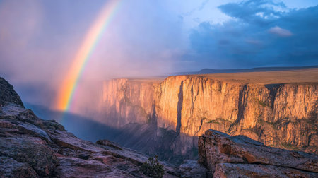 A wide rainbow shines over a rocky canyon with dramatic cliffs in the backgroundの素材