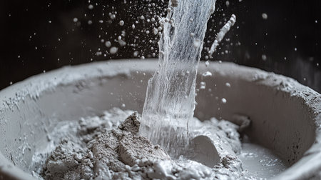 Cement powder in a container being combined with water, with splashes and texture captured in detailの素材