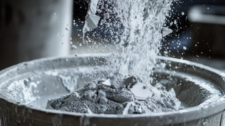 Cement powder in a container being combined with water, with splashes and texture captured in detailの素材