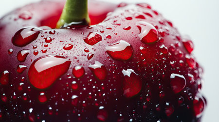 Close-up of a single red cherry with visible water droplets, emphasizing its freshness against a white backdropの素材