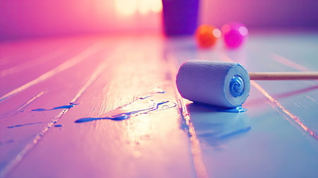 Close-up of a roller leaving a glossy trail of primer on a light-colored wood floor, with a paint bucket nearbyの素材