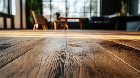 Close-up of the natural grain in high-quality parquet flooring, styled with modern furniture and soft lightingの素材