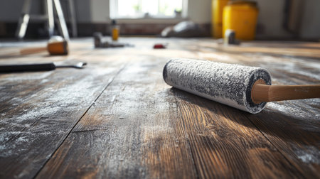 Close-up of the even texture created by a primer-coated roller on a wooden floor, with tools scattered aroundの素材