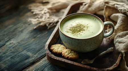 A hot cup of matcha latte with smooth, frothy milk, placed on a rustic tray with a teaspoon and a side of cookiesの素材