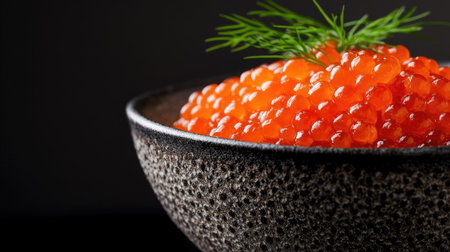 Close-up of bright red caviar in a textured ceramic bowl, with a garnish of fresh dill against a black backgroundの素材