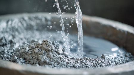Close-up of water being poured into a container of cement powder, creating a gritty, wet textureの素材