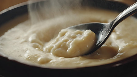 Close-up of a spoon dipping into a bowl of creamy milk corn porridge, showcasing its smooth texture and vibrant colorの素材