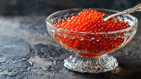 Elegant glass bowl of red caviar with a silver spoon, set against a dark textured background with subtle highlightsの素材