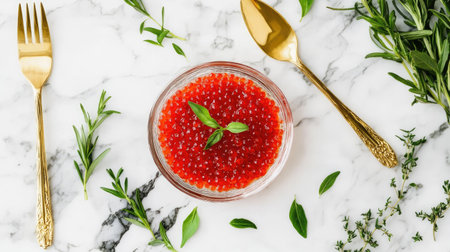 Decorative glass bowl of red caviar surrounded by fresh herbs and golden cutlery on a polished marble surfaceの素材
